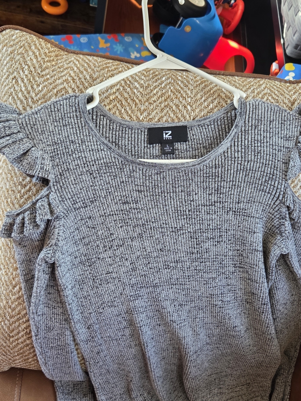 IZ Byer Soft Grey Ruffle Shoulder Sweater
